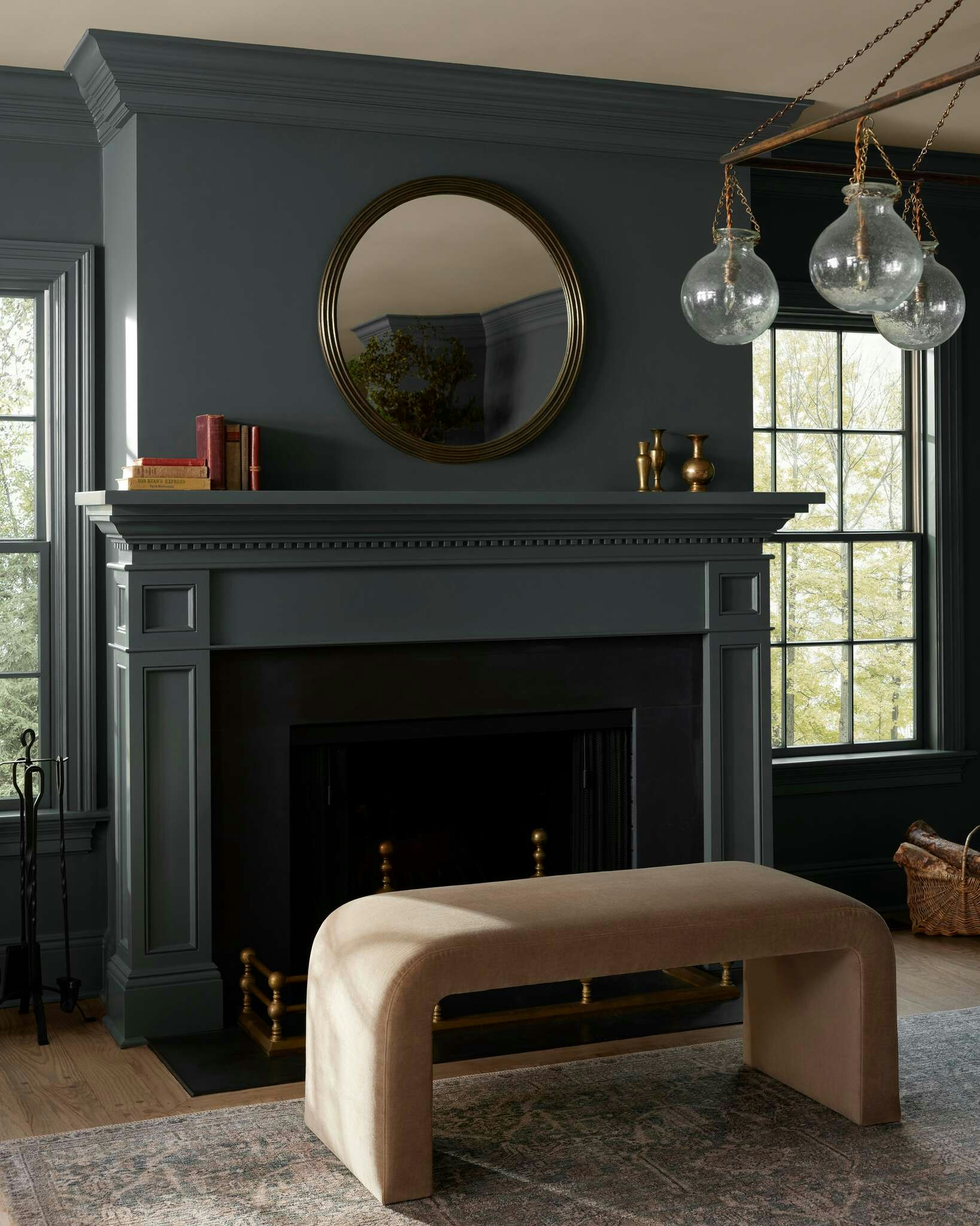 Fireplace and Mantel Featuring Sonal Mirror, Ersa Rug and Olsen Bench