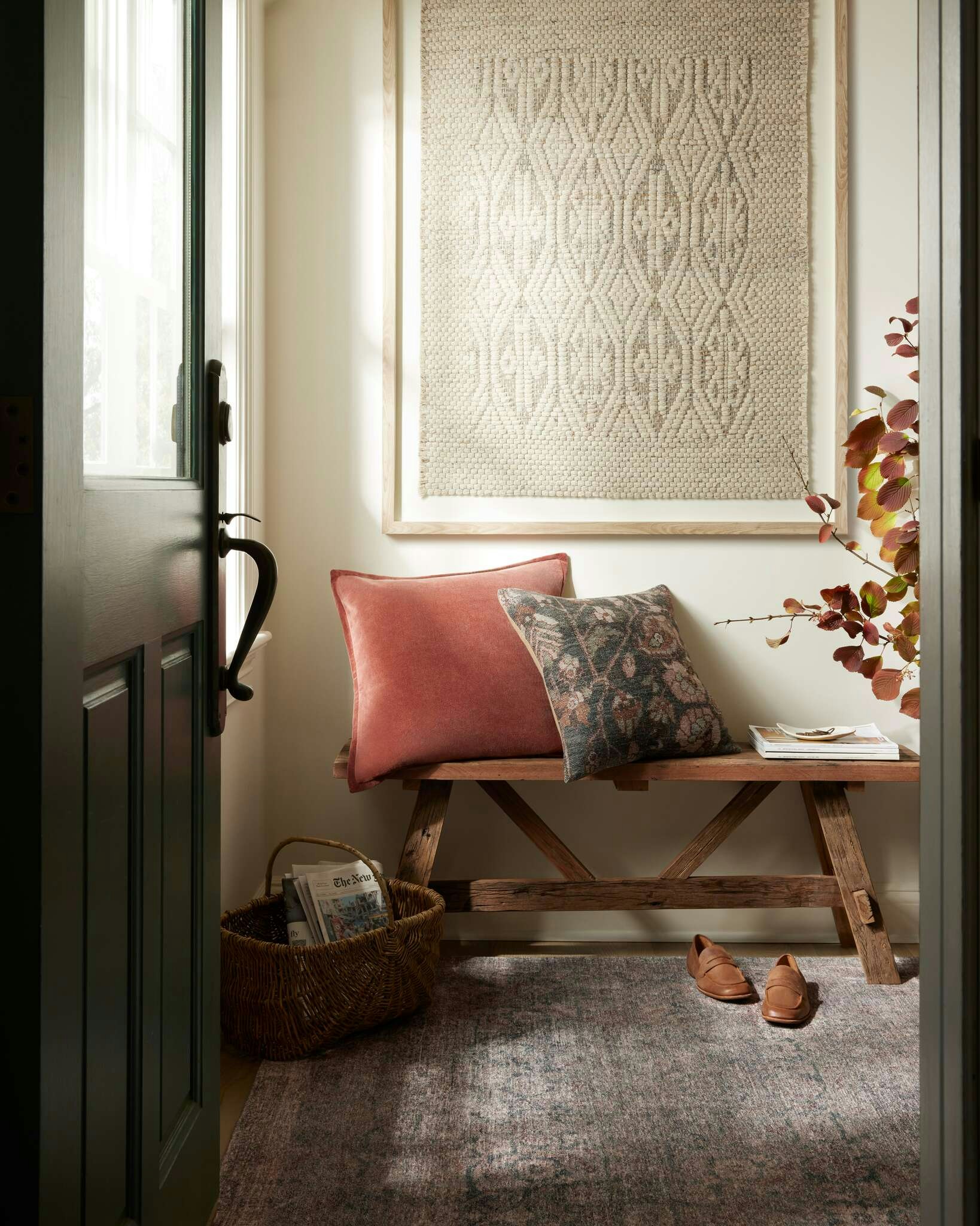 Mudroom featuring Anara pillow, Erlands bench and Althea Rug