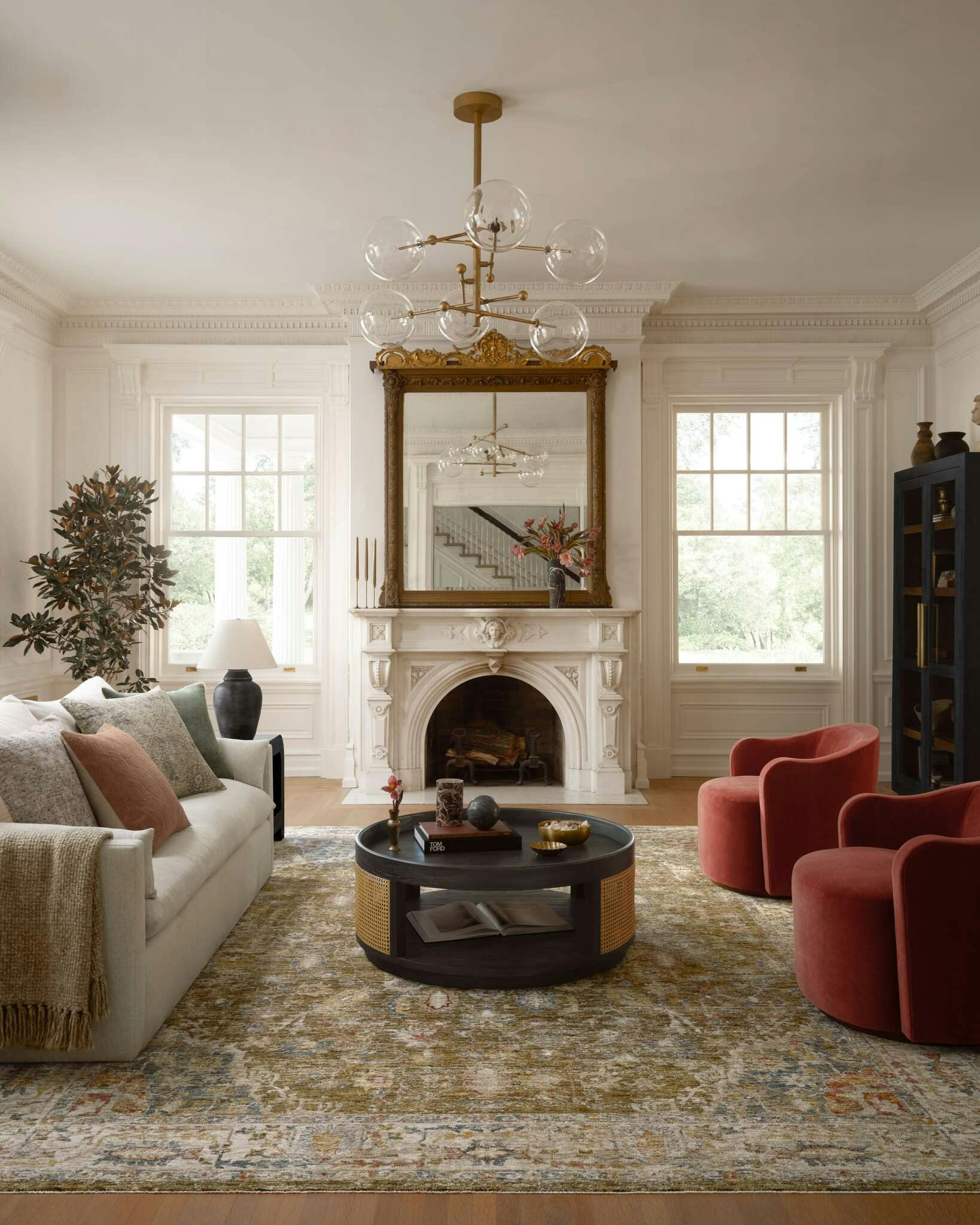 Living room featuring Bailey Swivel Chairs, Leighton Sofa, LaFayette Coffee Table and Marta Rug