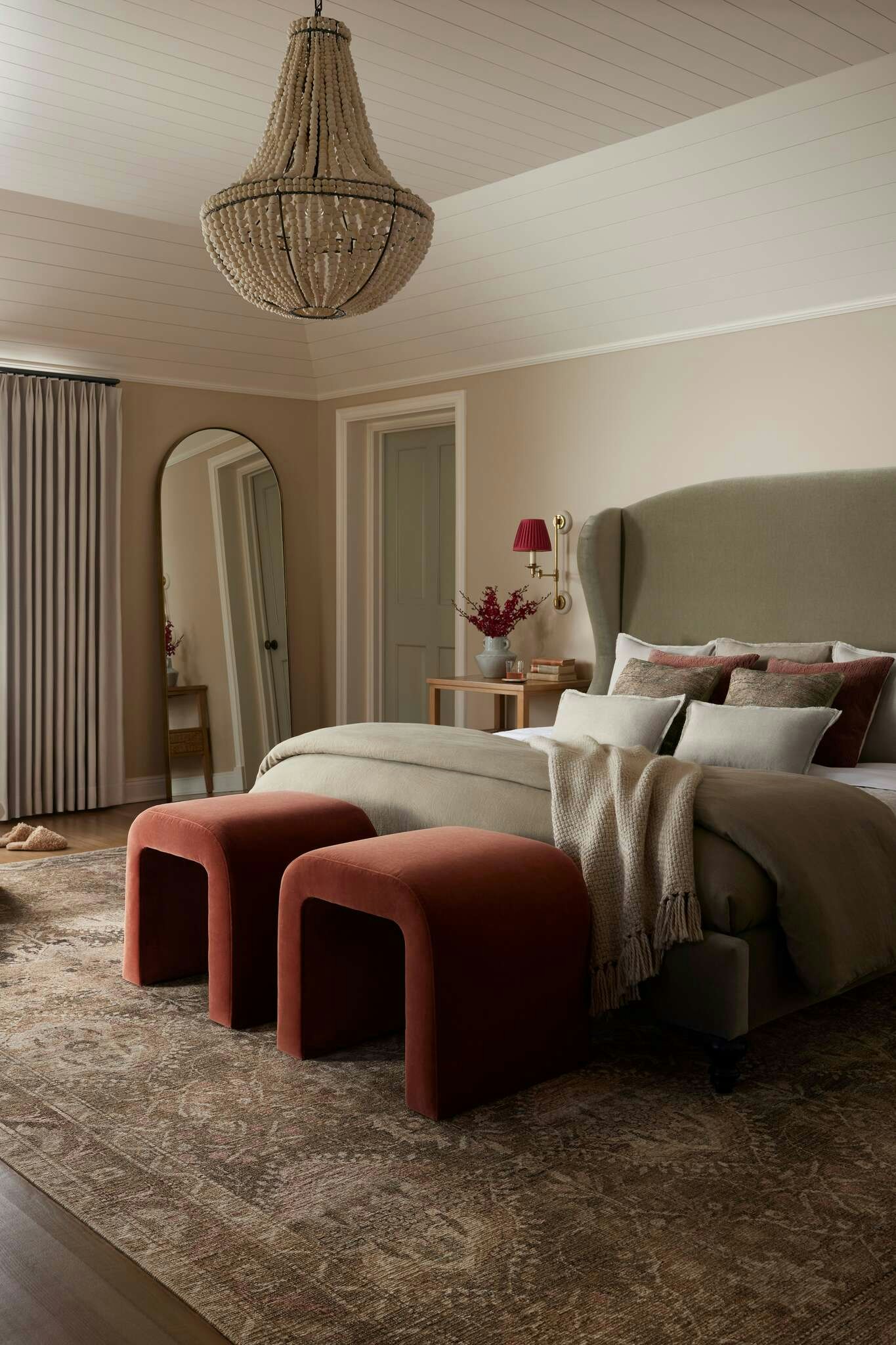 Bedroom featuring Dunia rug and Olson Velvet Stool