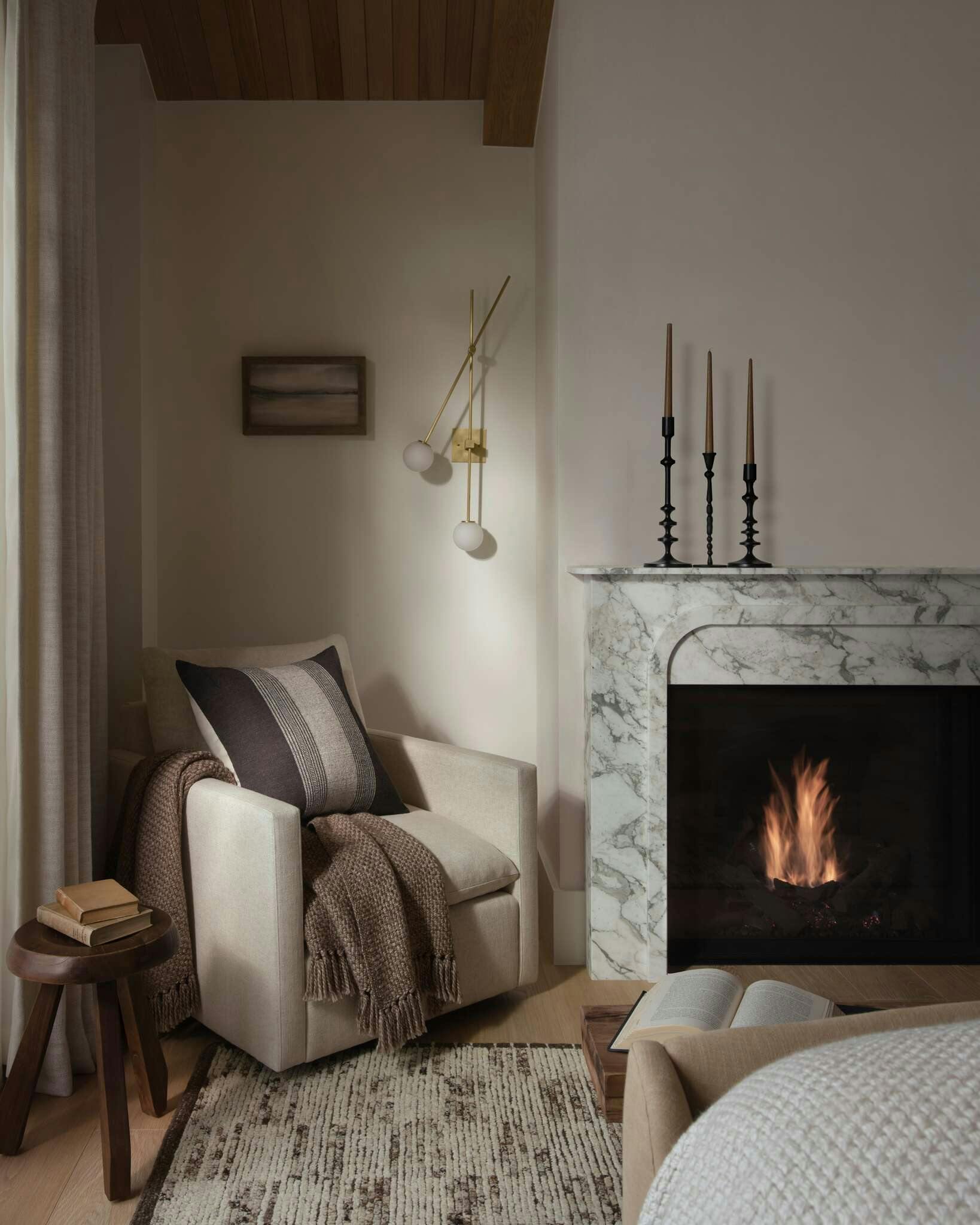 Bedroom corner featuring Leighton Armchair and Elsie pillow