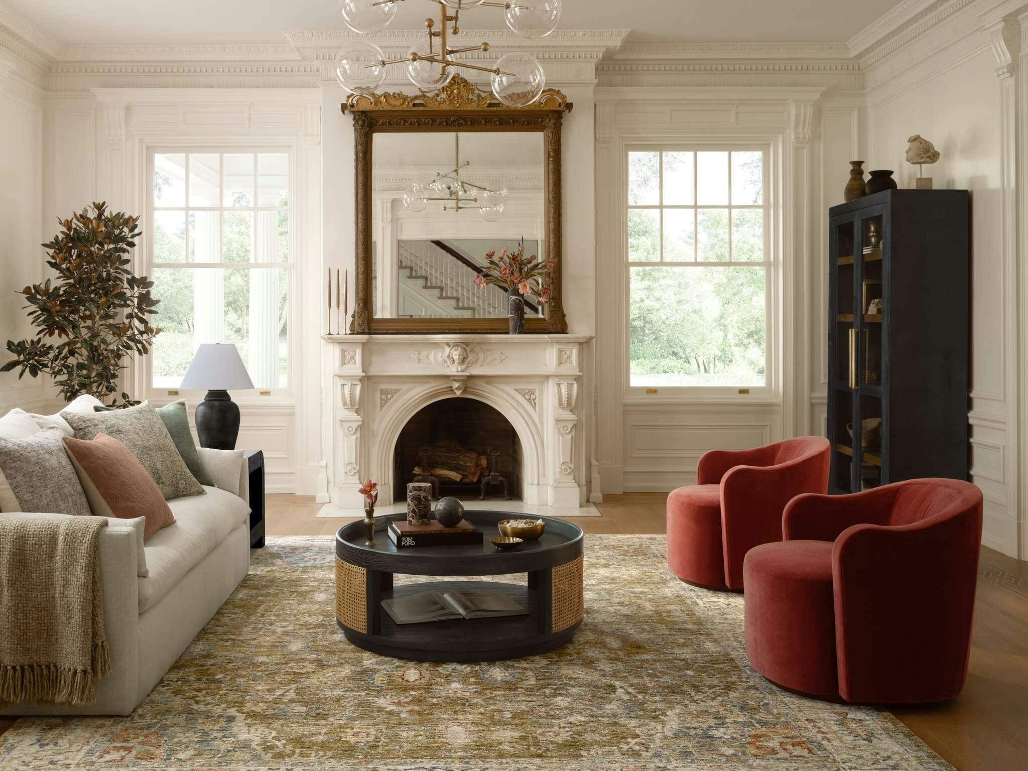 Living room featuring Bailey Swivel Chairs, Leighton Sofa, LaFayette Coffee Table and Marta Rug