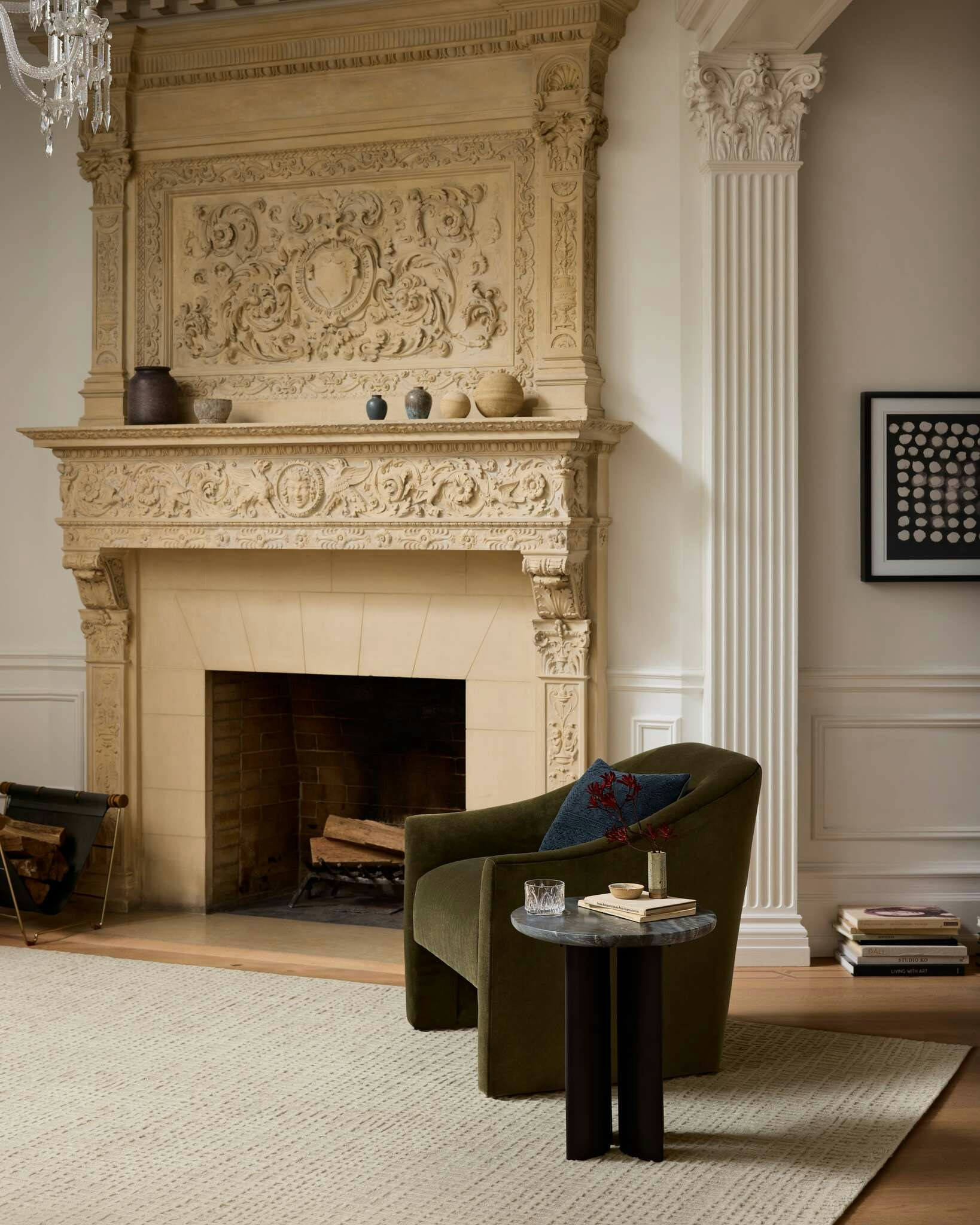 Fireplace and mantel featuring Burton chair