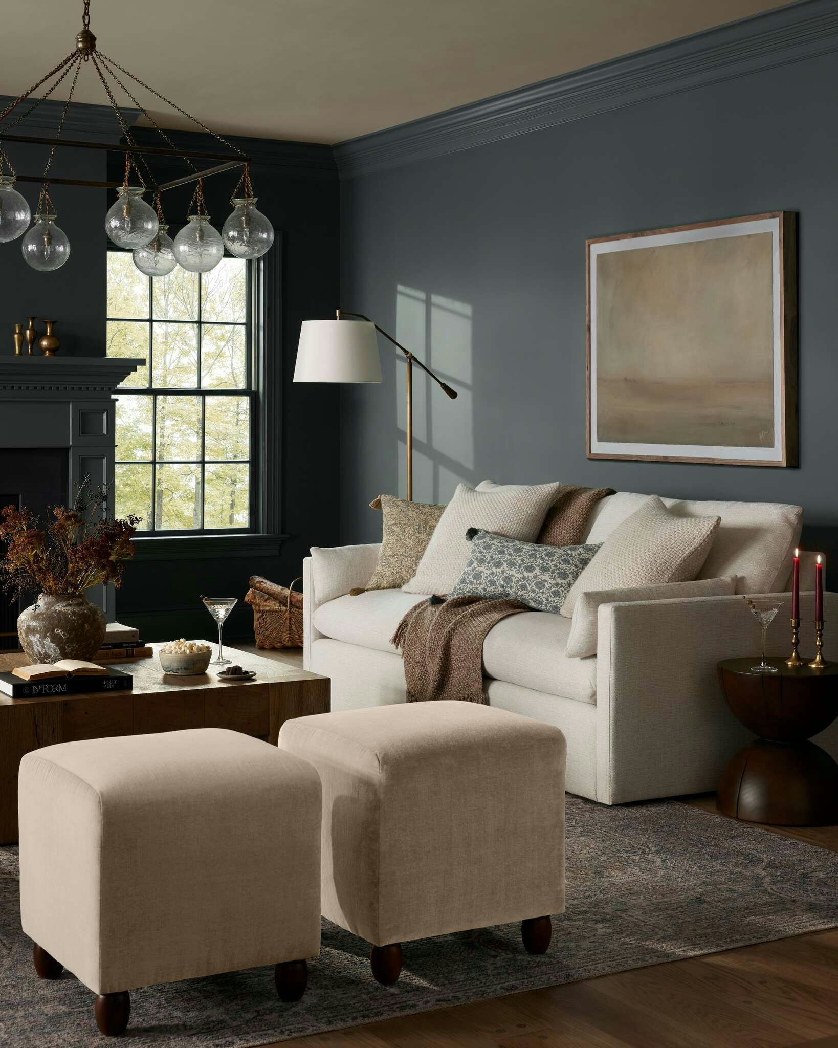 Living room featuring Leighton Sofa, Chase Cube Ottoman and Ersa Rug