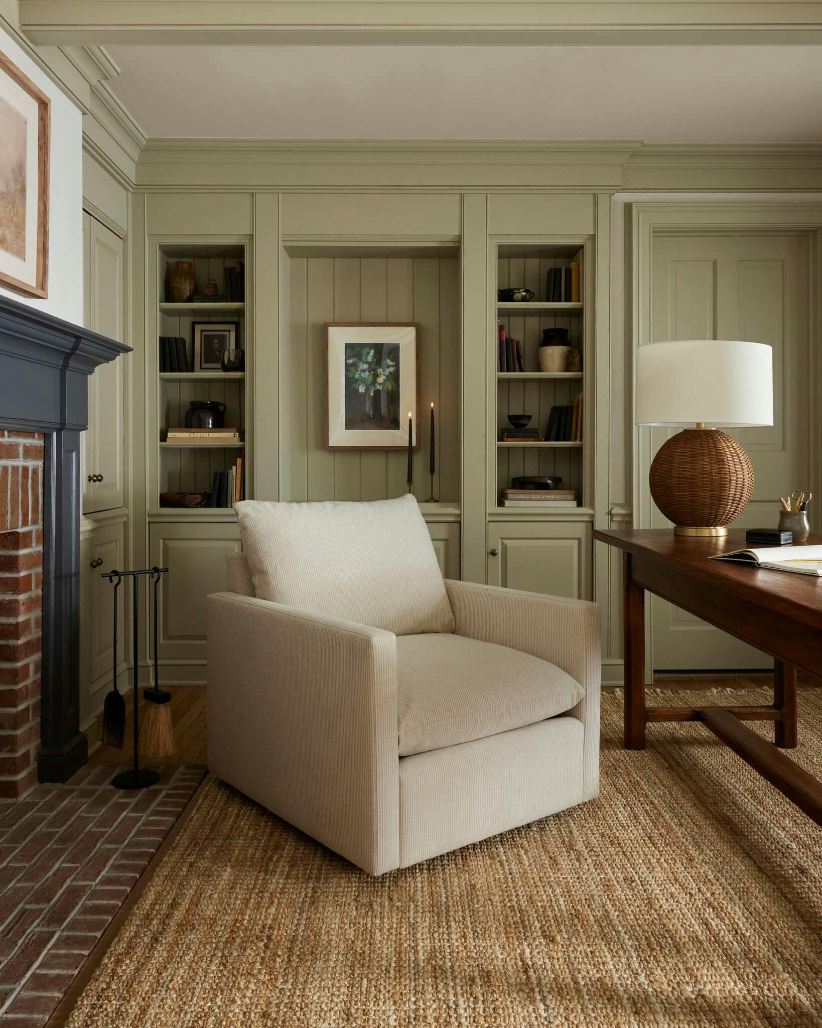 Corner of an office featuring Leighton chair and Alisha rug