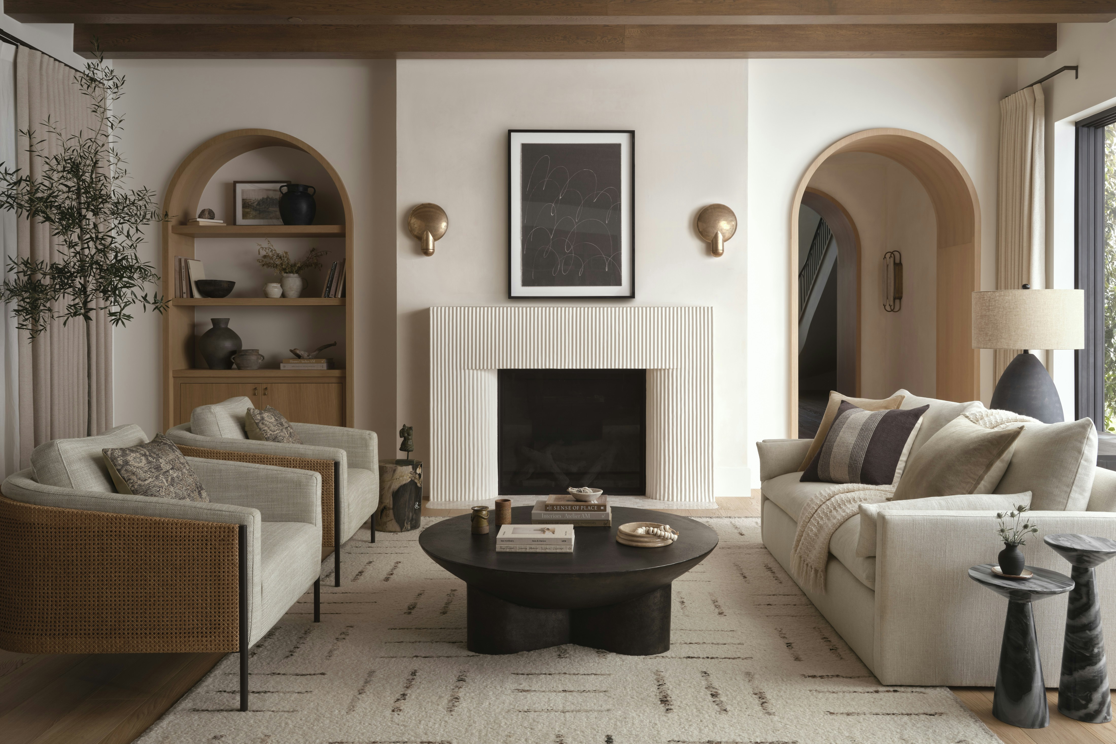 Living room featuring Amina rug, Jamesport chair and Leighton Sofa