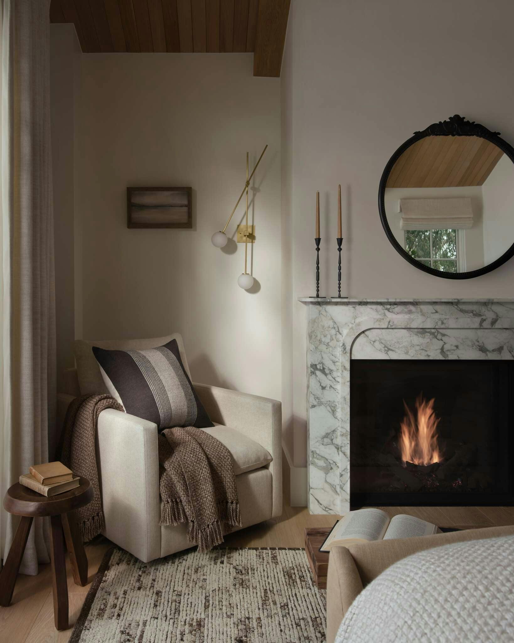 Bedroom corner featuring Leighton Armchair and Elsie pillow