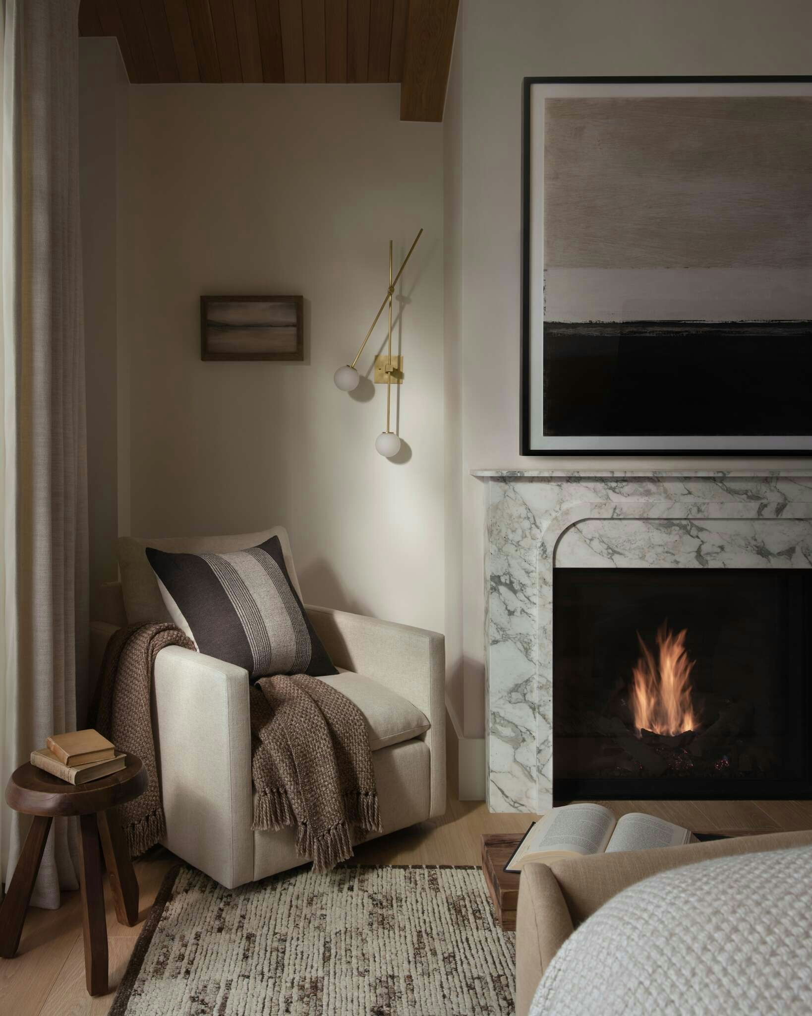 Bedroom corner featuring Leighton Armchair and Elsie pillow