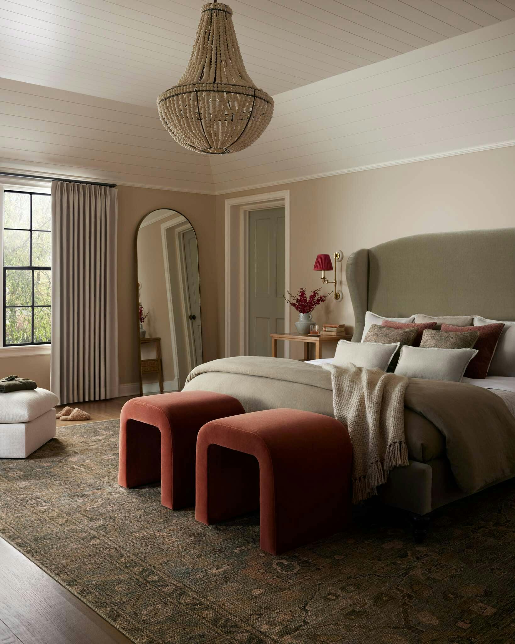 Bedroom featuring Coraline rug and Olson Velvet Stool
